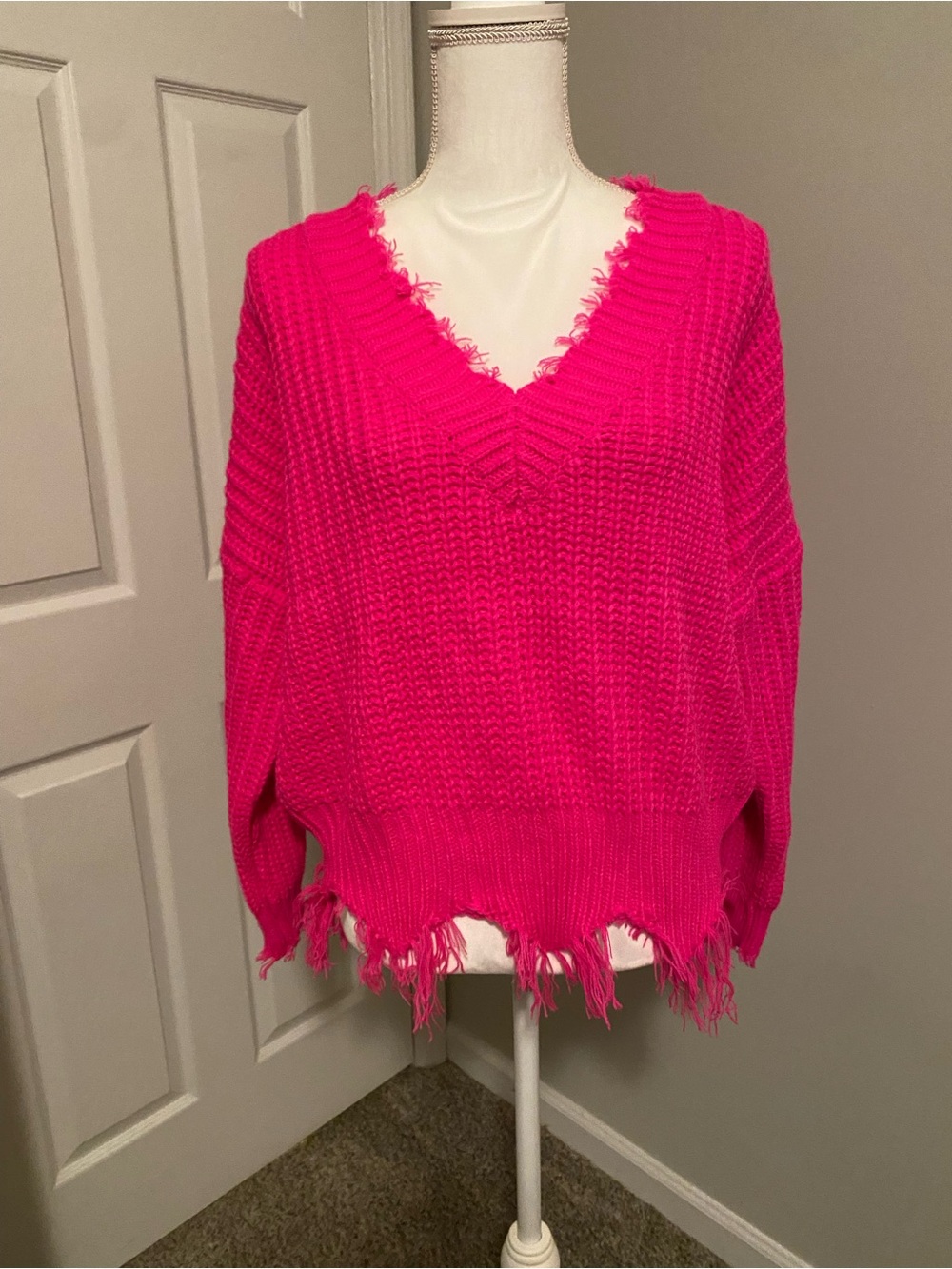 Hot Pink Distressed V-Neck Women's Sweater Size S NWT